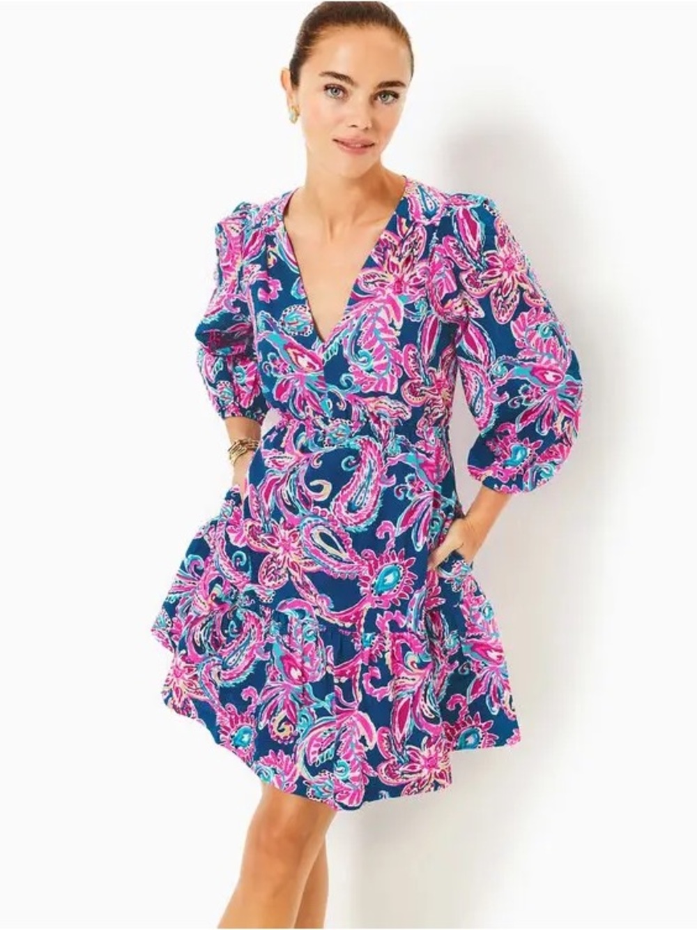 Lilly Pulitzer Deacon Blue Pink Paisley Cotton Mini Dress Size 8 Long Sleeve